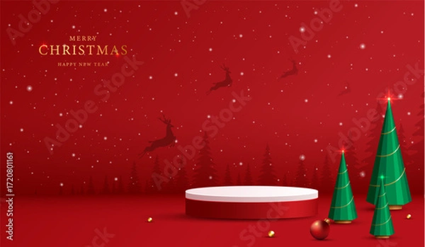 Fototapeta Podium shape for show cosmetic product display for christmas day or new years. Stand product showcase on red background with lighting christmas. vector design.