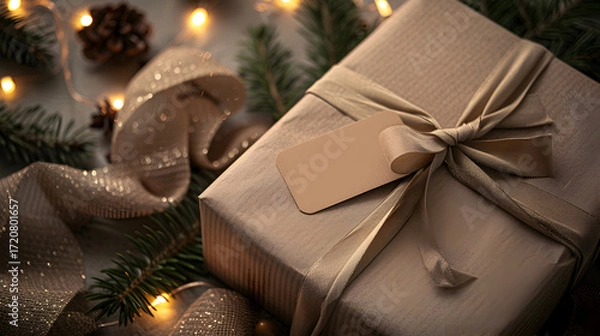 Fototapeta Elegant gift box with cream ribbon and tag surrounded by pine branches, sparkling lights, and festive decorations, perfect for holiday season imagery and celebrations.
