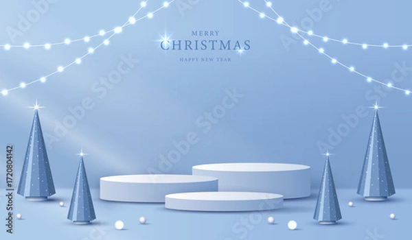 Fototapeta Podium shape for show cosmetic product display for christmas day or new years. Stand product showcase on red background with lighting christmas. vector design.