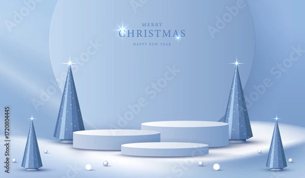 Fototapeta Podium shape for show cosmetic product display for christmas day or new years. Stand product showcase on red background with lighting christmas. vector design.