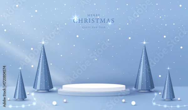 Fototapeta Podium shape for show cosmetic product display for christmas day or new years. Stand product showcase on red background with lighting christmas. vector design.