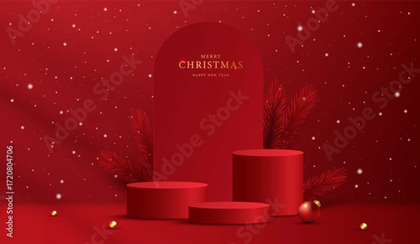 Fototapeta Podium shape for show cosmetic product display for christmas day or new years. Stand product showcase on red background with lighting christmas. vector design.