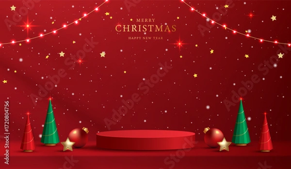 Fototapeta Podium shape for show cosmetic product display for christmas day or new years. Stand product showcase on red background with lighting christmas. vector design.