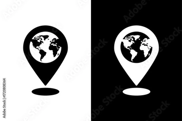 Fototapeta World Map Pin Icon on Black and White Background.