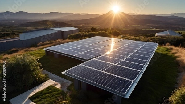 Fototapeta Photovoltaic solar power panel in the field green clean Alternative power energy concept