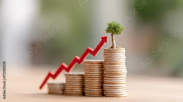 Obraz Growth Concept with Small Tree on Stacked Coins and Upward Arrow