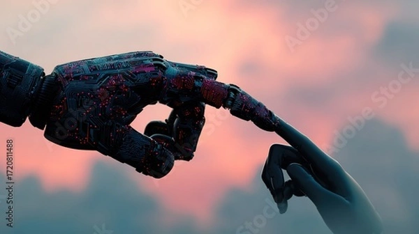 Obraz Futuristic Robot Hand and Human Finger Touching in Digital Landscape