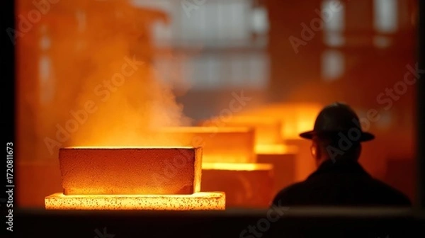Obraz Worker in Foundry Overseeing Molten Metal in Industrial Workshop
