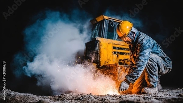 Obraz Construction Worker Welding with Sparks at Night in Industrial Scene