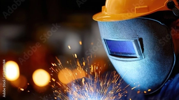Obraz Welder Working on Metal Fabrication with Protective Gear and Sparks