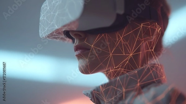 Obraz Close-Up of Woman Wearing Virtual Reality Headset with Digital Effects
