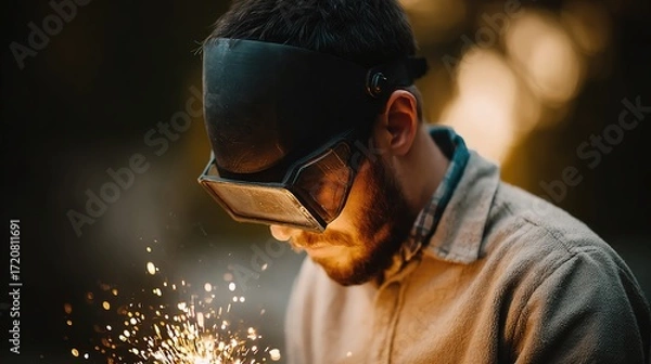 Obraz Close-Up of Welder Concentrating on Sparks in Outdoor Setting