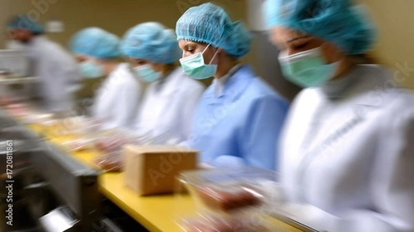 Obraz Professionals in Cleanroom Gowns Working on Food Production Line