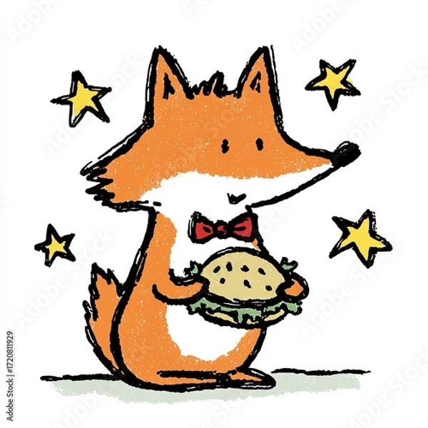 Fototapeta Adorable Fox in Bowtie Enjoying a Delicious Burger Under Sparkling Stars