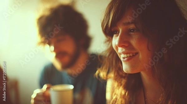 Obraz Warm Coffee Moment with Smile and Soft Light in Cozy Setting