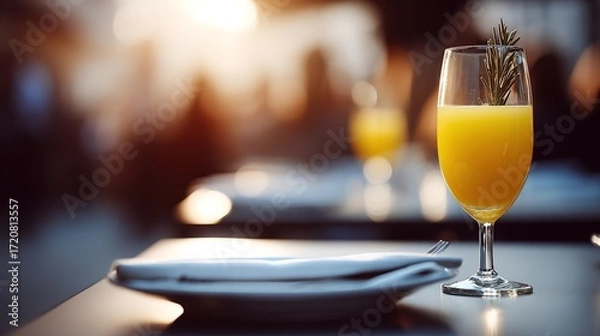 Obraz Refreshing Citrus Beverage in Elegant Glass on Table at Sunset Scene