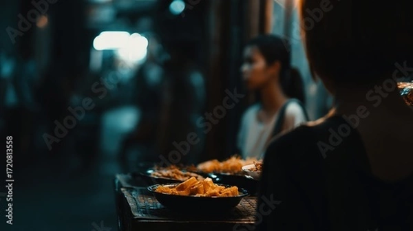 Obraz Vibrant Street Food Scene with Dim Lighting and People in Background