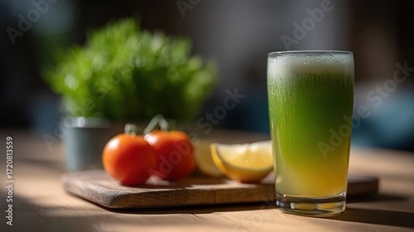 Obraz Refreshing Green Beverage with Citrus Garnish and Fresh Ingredients