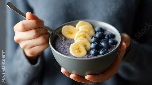 Obraz Healthy Breakfast Bowl with Fruits and Smoothie Topping
