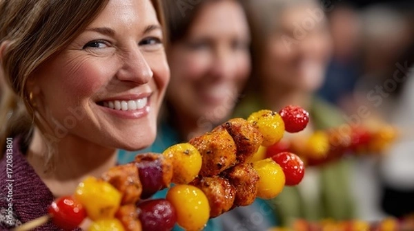Obraz Happy Woman Holding Colorful Skewers at a Fun Gathering Event