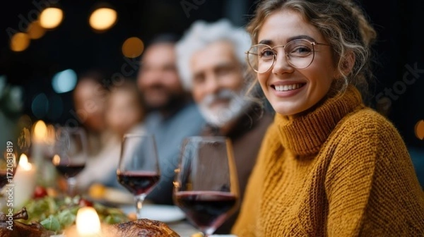 Obraz Warm Family Gathering with Smiling Woman at Festive Dinner Table