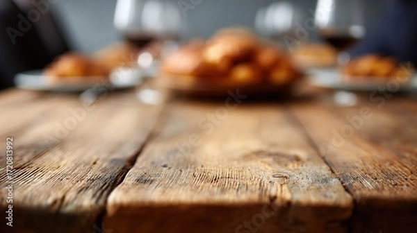 Obraz Rustic wooden table with blurred background of elegant dining setting