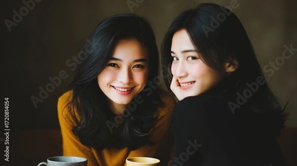 Obraz Two Smiling Young Women Enjoying Time Together in a Cozy Setting