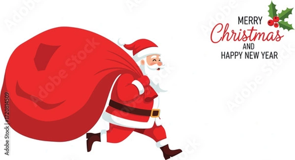 Obraz Santa Claus runs with a large sack of gifts, spreading holiday cheer.