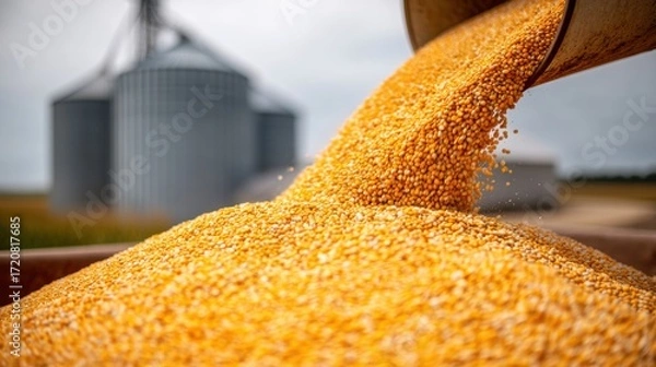 Fototapeta Golden corn kernels pour from a chute with grain silos in the background on a farm