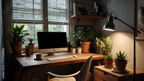 Fototapeta workspace in a home with hyper-realistic plants and natural light, ultra-detailed.