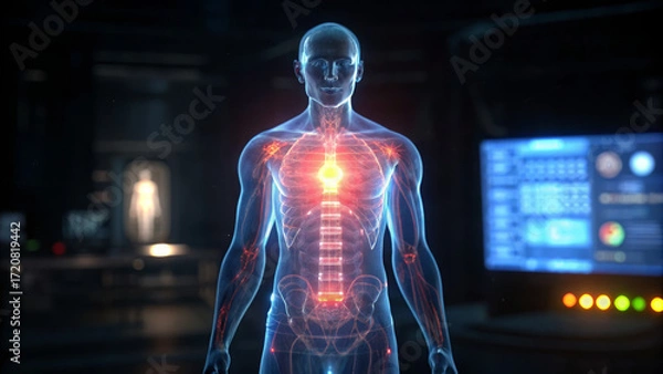 Fototapeta Hologram human body with glowing injection site and illuminated internal organs conveying medical urgency
