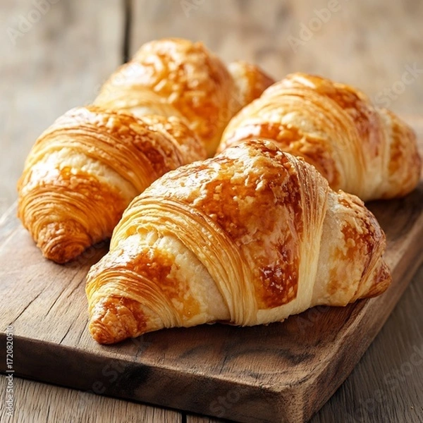 Fototapeta Golden croissants on a wooden board, a delightful display of freshly baked pastry perfection for breakfast or a bakery showcase