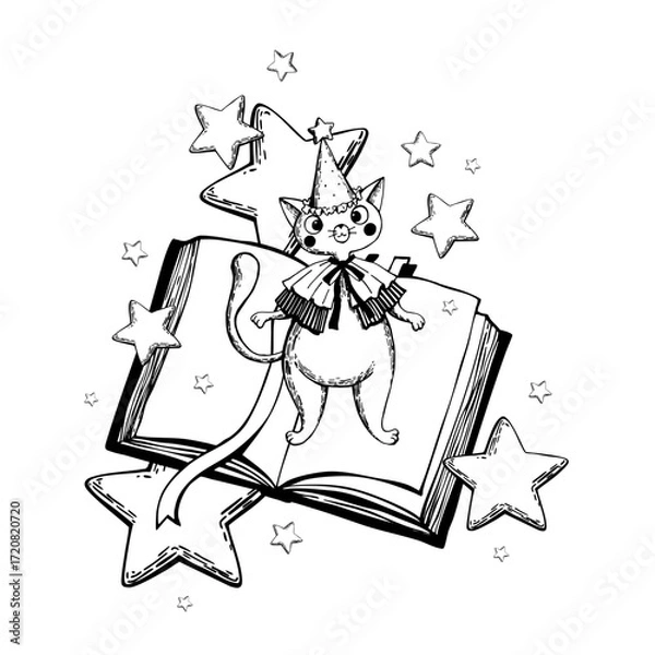 Fototapeta A wizard cat and a magic spell book. Black and white vector illustration for children's crafts, stationery, textiles, and interior design.