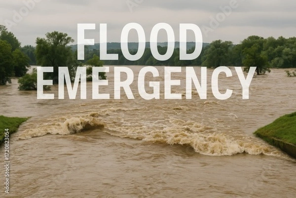 Obraz The words "FLOOD EMERGENCY" appear over a swollen, fast-moving river spilling onto land, symbolizing a natural disaster and urgent climate threat.