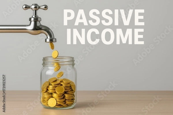Obraz Gold coins flow from a faucet into a glass jar under the words "PASSIVE INCOME," symbolizing steady earnings and financial growth.