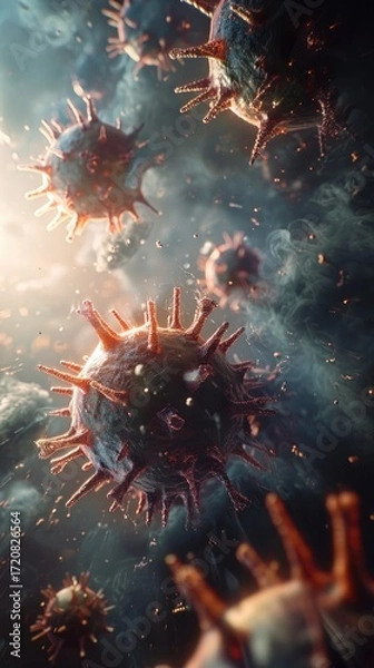 Fototapeta Numerous viruses in a smoky, dark atmosphere, suggestive of a viral infection or pandemic.