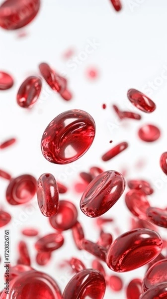 Fototapeta Numerous red blood cells in motion against a white background