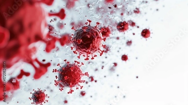 Fototapeta Microscopic View Of Red Corona virus Particles In Fluid on White background