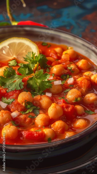 Fototapeta Spicy Chana Masala with tender chickpeas, tomato-based sauce, and traditional spices, garnished with cilantro