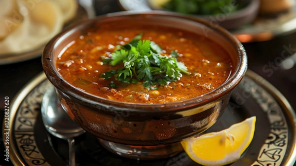 Fototapeta Algerian Harira soup in elegant setting, garnished with fresh herbs and lemon wedge on the side