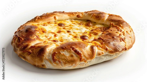 Fototapeta Isolated khachapuri on white background, golden crust with melty cheese filling in focus