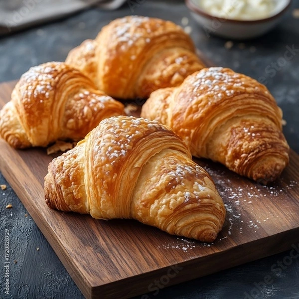 Fototapeta Powdered sugar croissants on a wooden board, a delightful display of freshly baked pastry perfection for breakfast or a bakery showcase