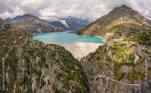 Fototapeta Aerial panoramic view of Emosson Dam and Lake in the Swiss Alps, renewable hydropower reservoir and mountain landscape, sustainable clean energy infrastructure