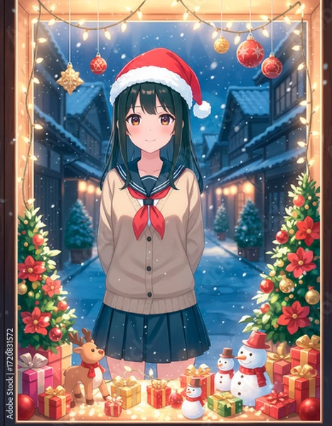 Fototapeta クリスマスのショーウィンドウを眺める女子高生