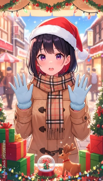 Fototapeta クリスマスのショーウィンドウを眺める女子高生