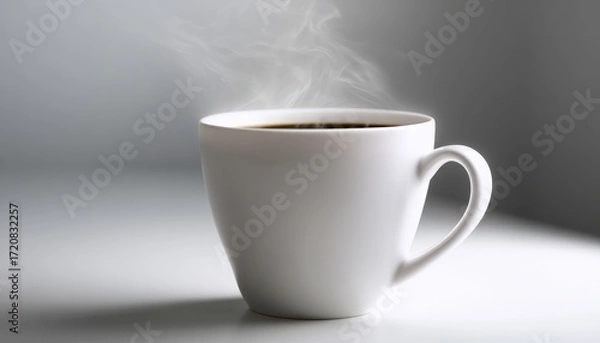 Fototapeta Hot coffee mug standing on a minimal white surface, showing steam rising, implying a fresh, warm drink