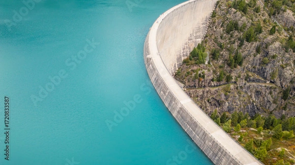 Fototapeta Aerial panoramic view of Emosson Dam and Lake in the Swiss Alps, renewable hydropower reservoir and mountain landscape, sustainable clean energy infrastructure