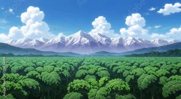 Fototapeta Clear Day Anime Landscape with Vast Green Kale Fields and Snow-Capped Mountains.