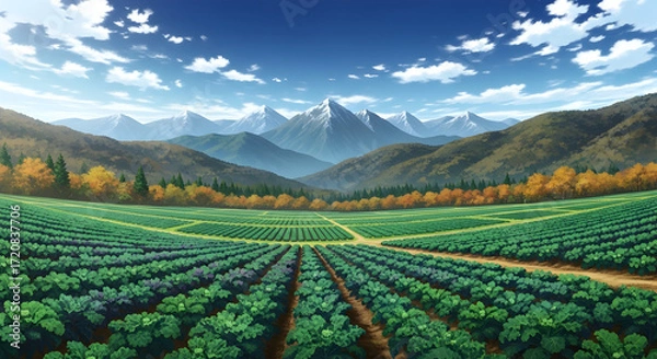 Fototapeta Autumn Anime Landscape with Green Kale Fields, Snow-Capped Mountains, and Fall Trees.