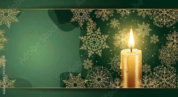 Fototapeta The Warm Candle Glow is beautifully complemented by Snowflakes against a Festive Green Background